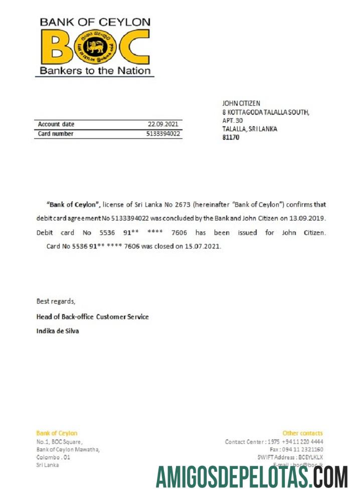 Referência de fechamento do BOC no Sri Lanka amostra